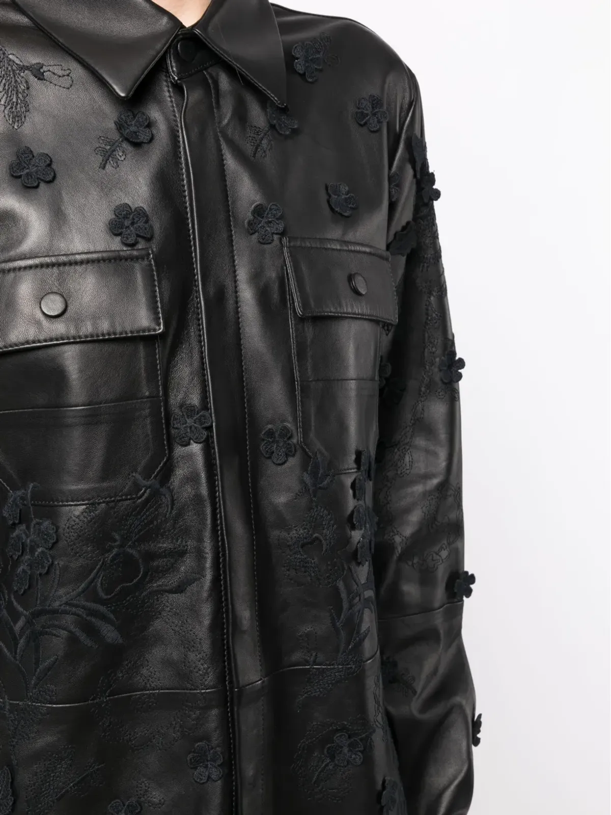 Elie Saab 花柄刺繍入りラムレザー シャツジャケット - ブラック - 画像5