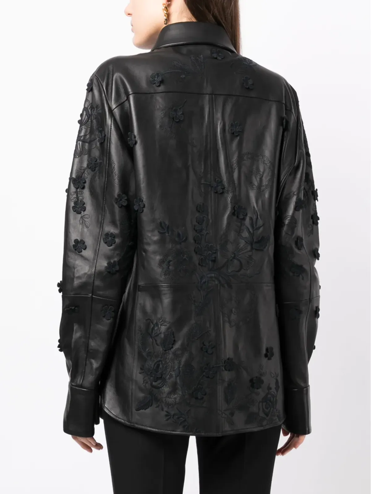 Elie Saab 花柄刺繍入りラムレザー シャツジャケット - ブラック - 画像4