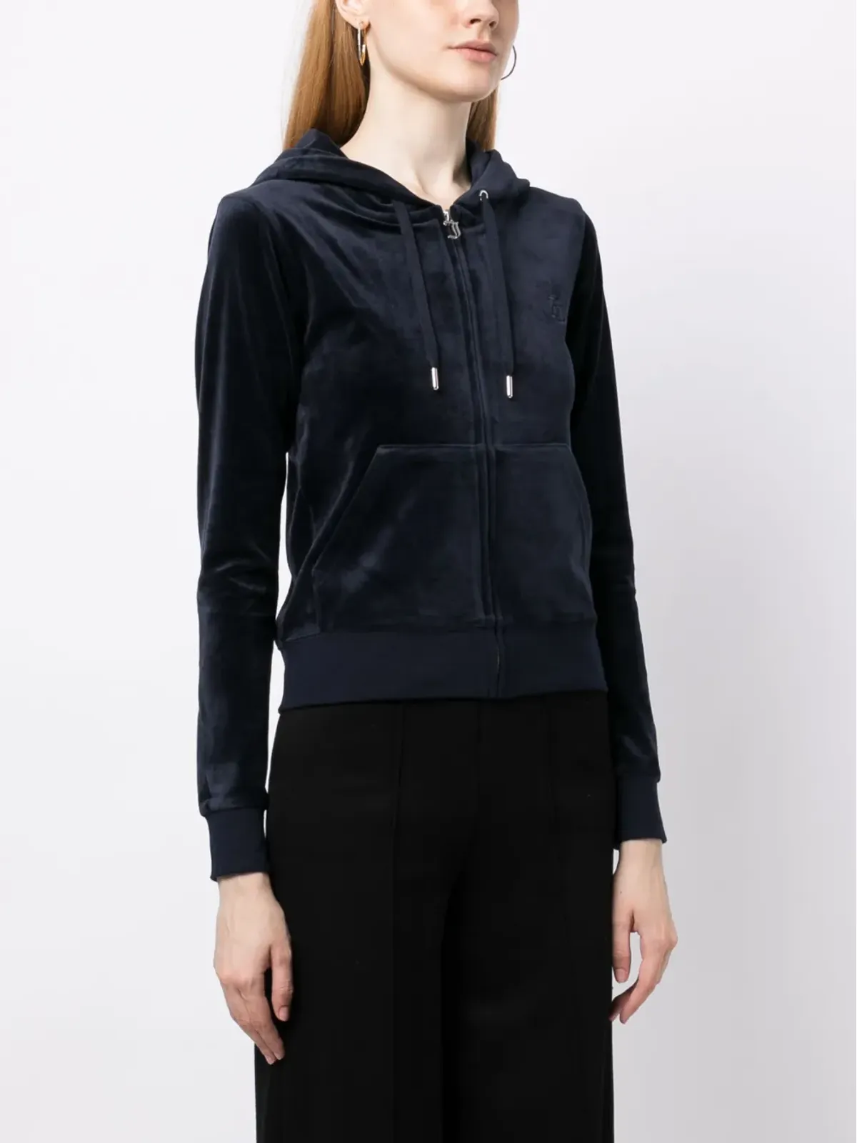 Juicy Couture ロゴ刺繍ジップ付きベロアフードパーカー（ブルー） - 画像3