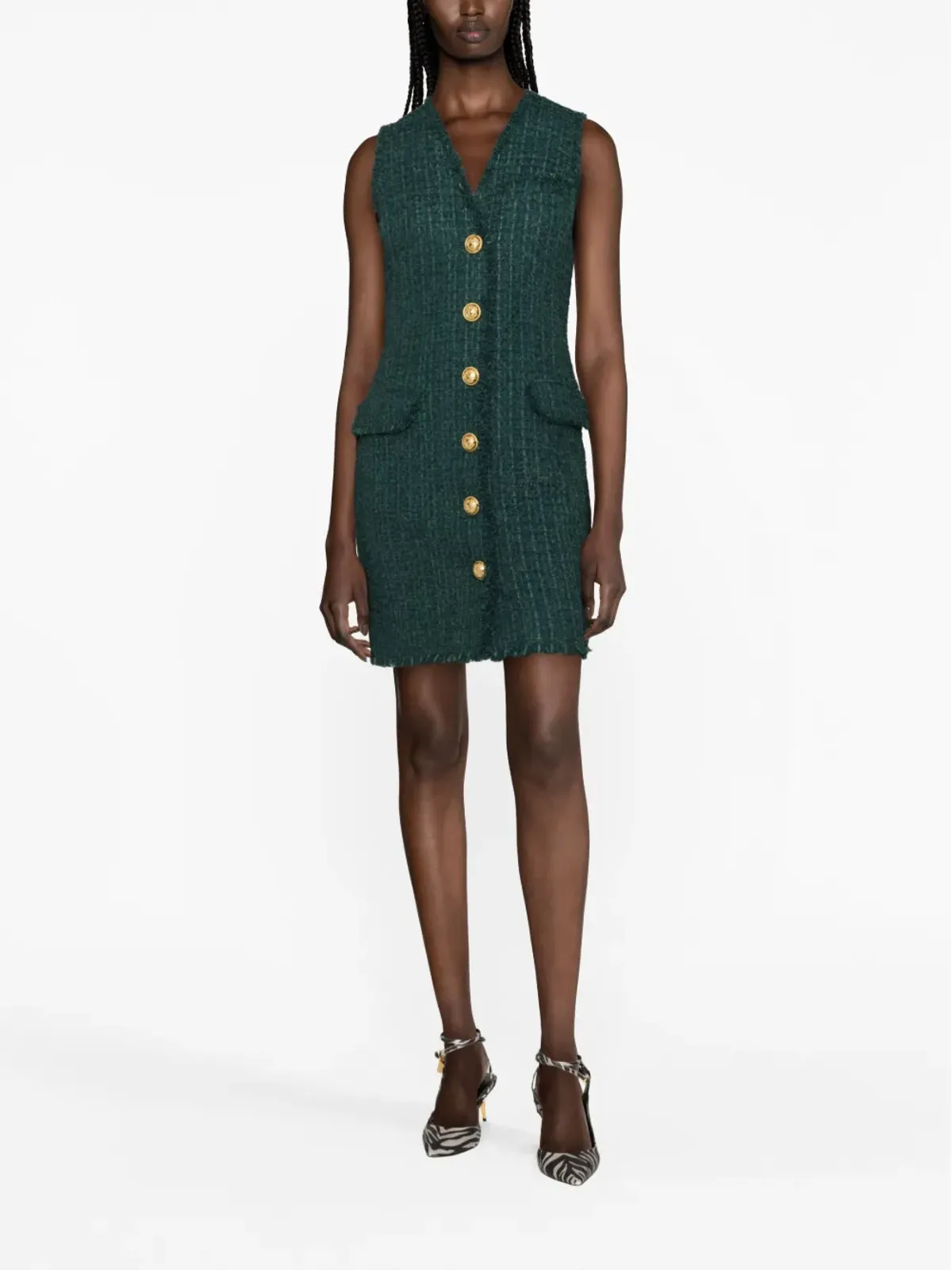 Balmain Vネック ボタン付き ツイード ミニドレス - 画像2