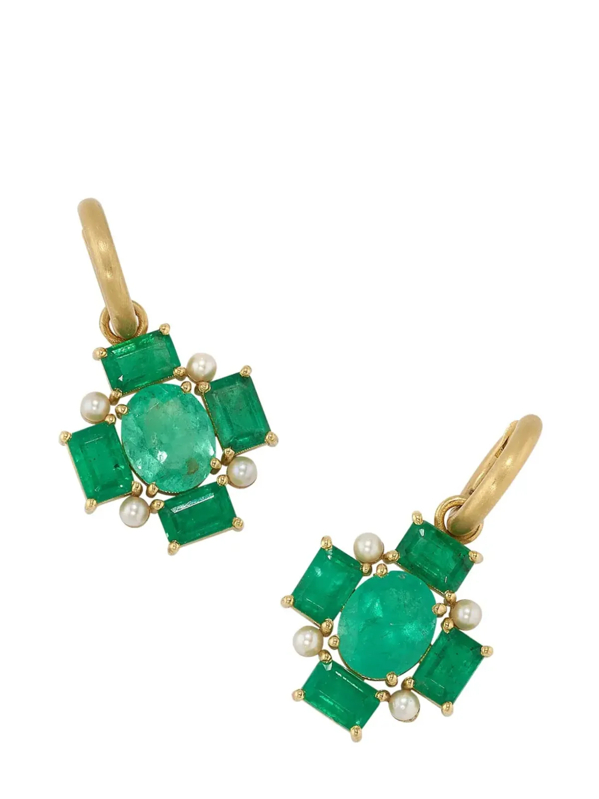 Irene Neuwirth 18K イエローゴールド ジェミー・ジェム・モザイク エメラルドとアコヤ真珠 ハグイヤー イヤリング - 画像1
