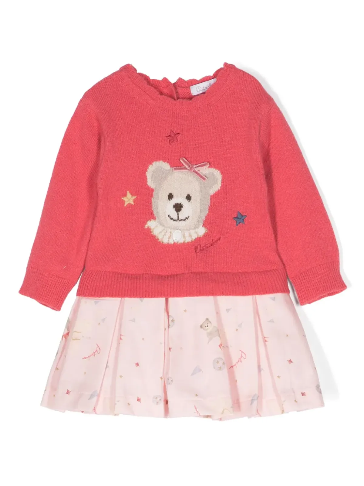 Patachou teddy bear-print layered dress - Pink - 画像1