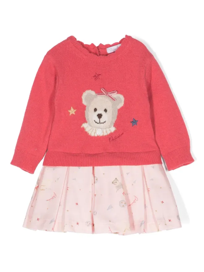 Patachou Patachou teddy bear-print layered dress - Pinkの商品画像