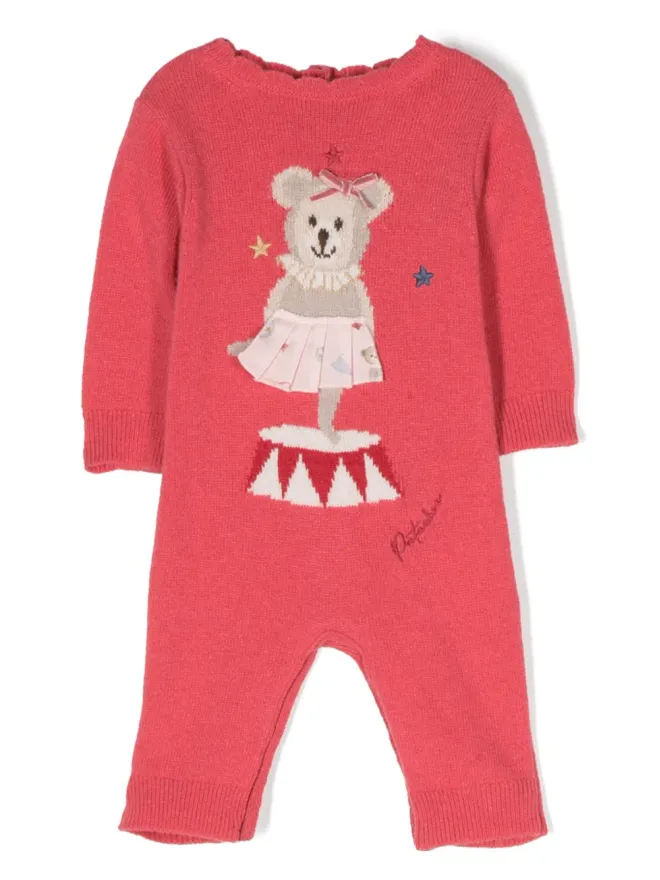 Patachou Patachou patterned intarsia-knit logo-embroidered romper - Pinkの商品画像