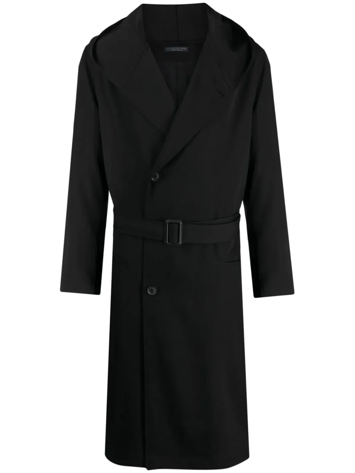 Yohji Yamamoto ベルト付きフード付きウールトレンチコート ブラック - 画像1
