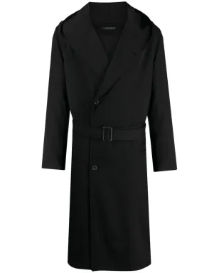 Yohji Yamamoto ベルト付きフード付きウールトレンチコート ブラック - サムネイル1
