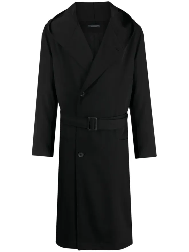 YOHJI YAMAMOTO Yohji Yamamoto ベルト付きフード付きウールトレンチコート ブラックの商品画像