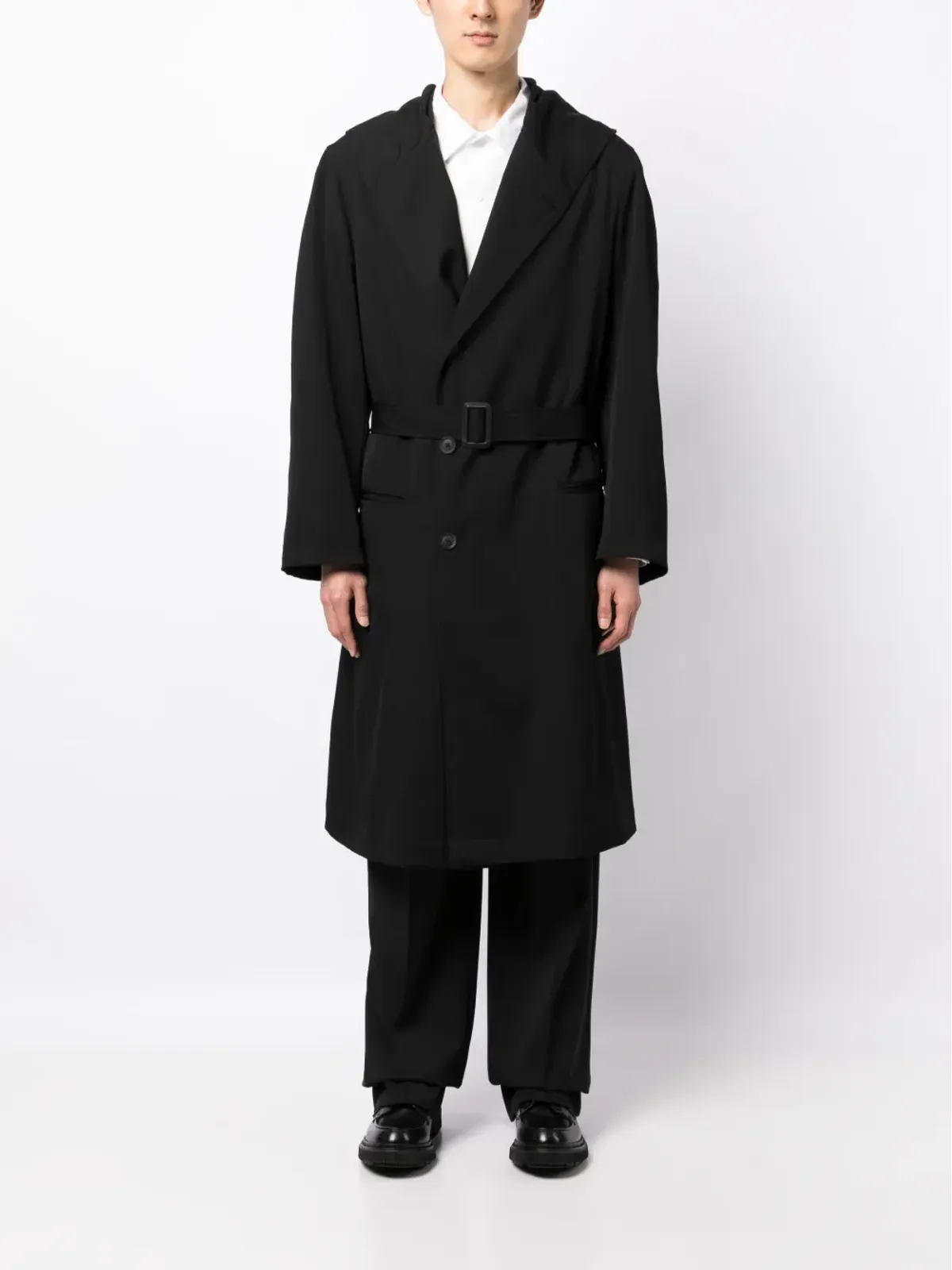 Yohji Yamamoto ベルト付きフード付きウールトレンチコート ブラック - 画像2
