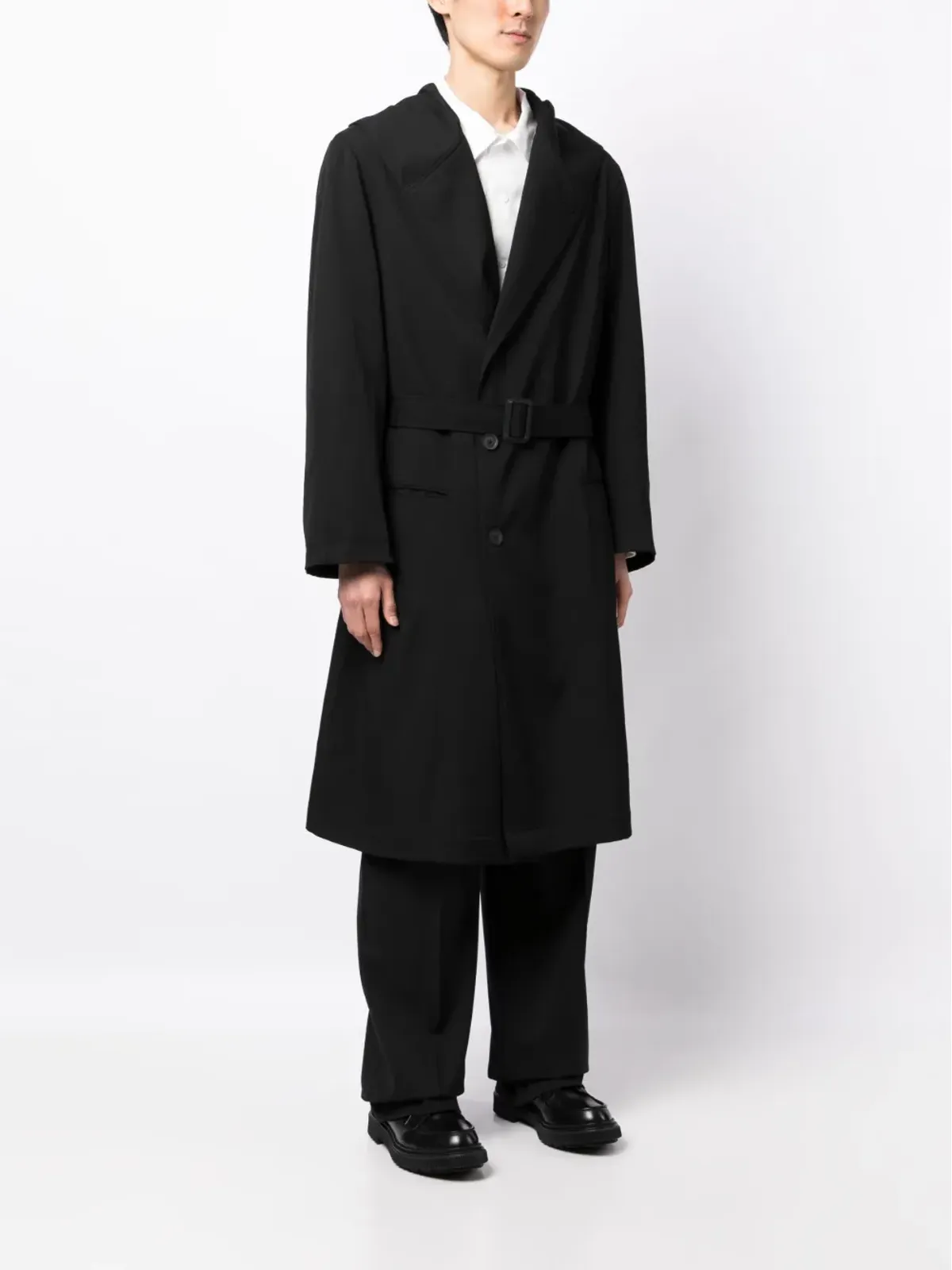 Yohji Yamamoto ベルト付きフード付きウールトレンチコート ブラック - 画像3