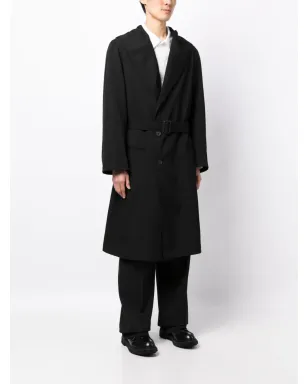 Yohji Yamamoto ベルト付きフード付きウールトレンチコート ブラック - サムネイル3