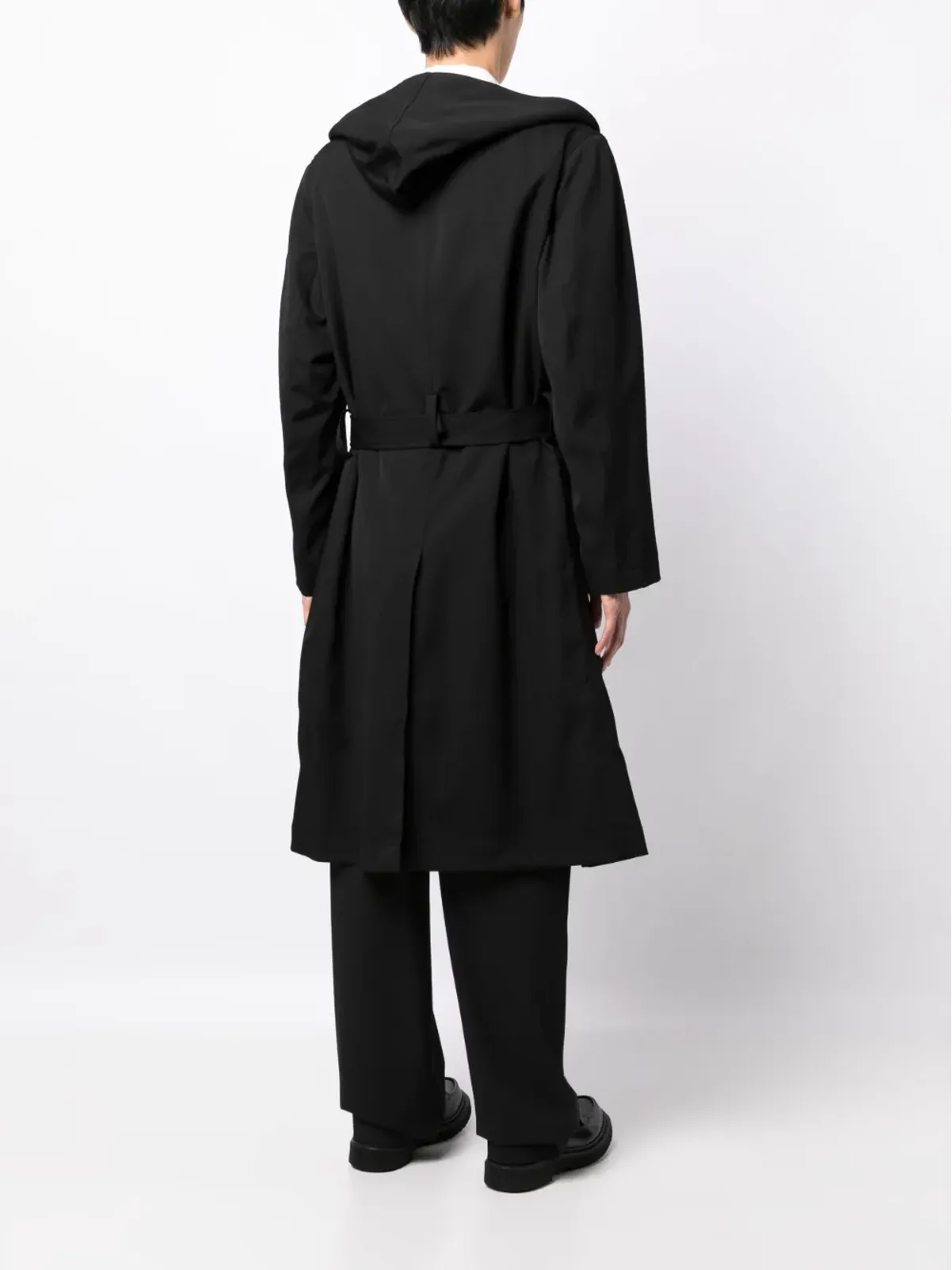Yohji Yamamoto ベルト付きフード付きウールトレンチコート ブラック - 画像4
