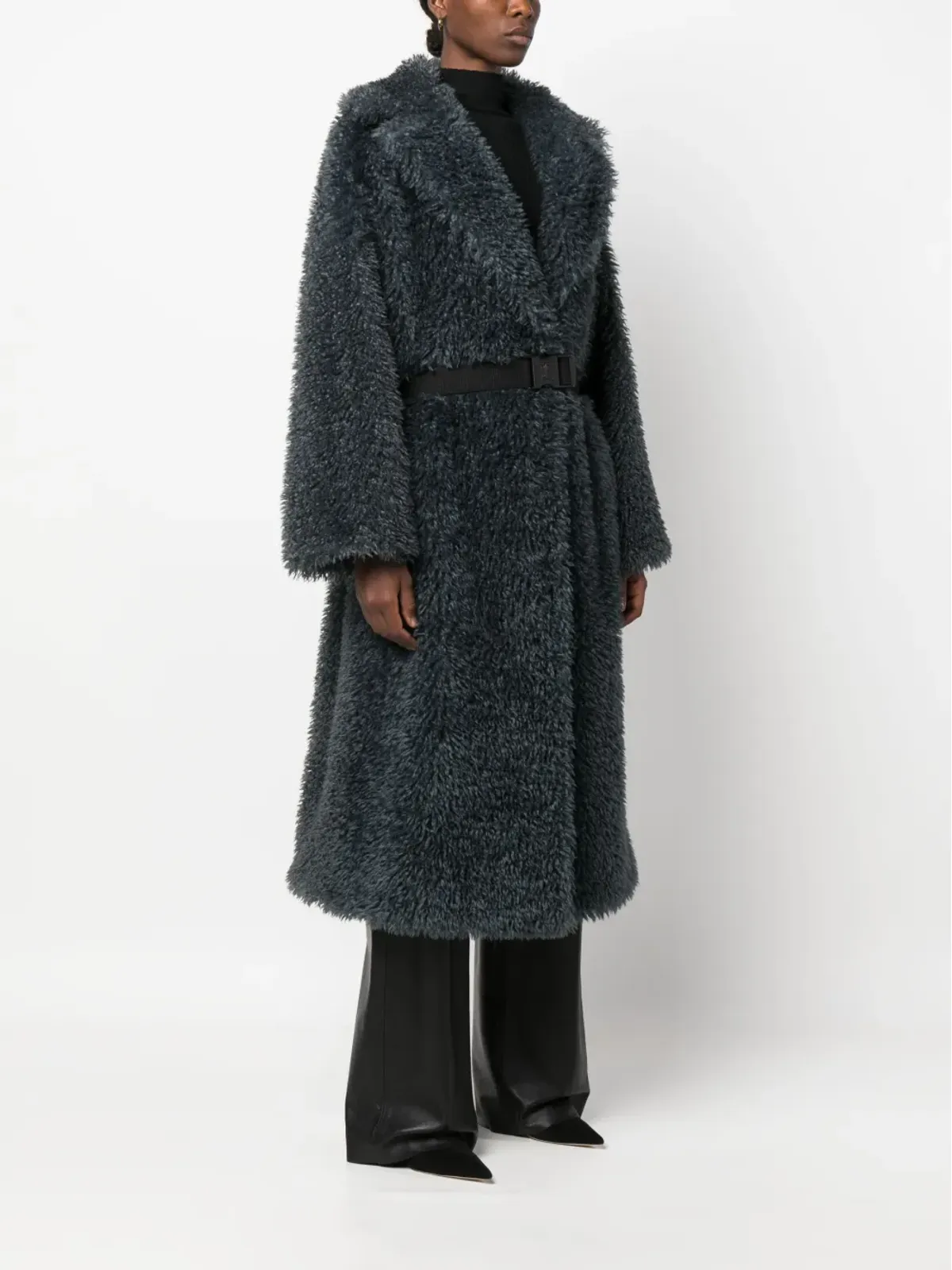 Ermanno Scervino ベルト付きシェアリングウールコート - グレー - 画像3
