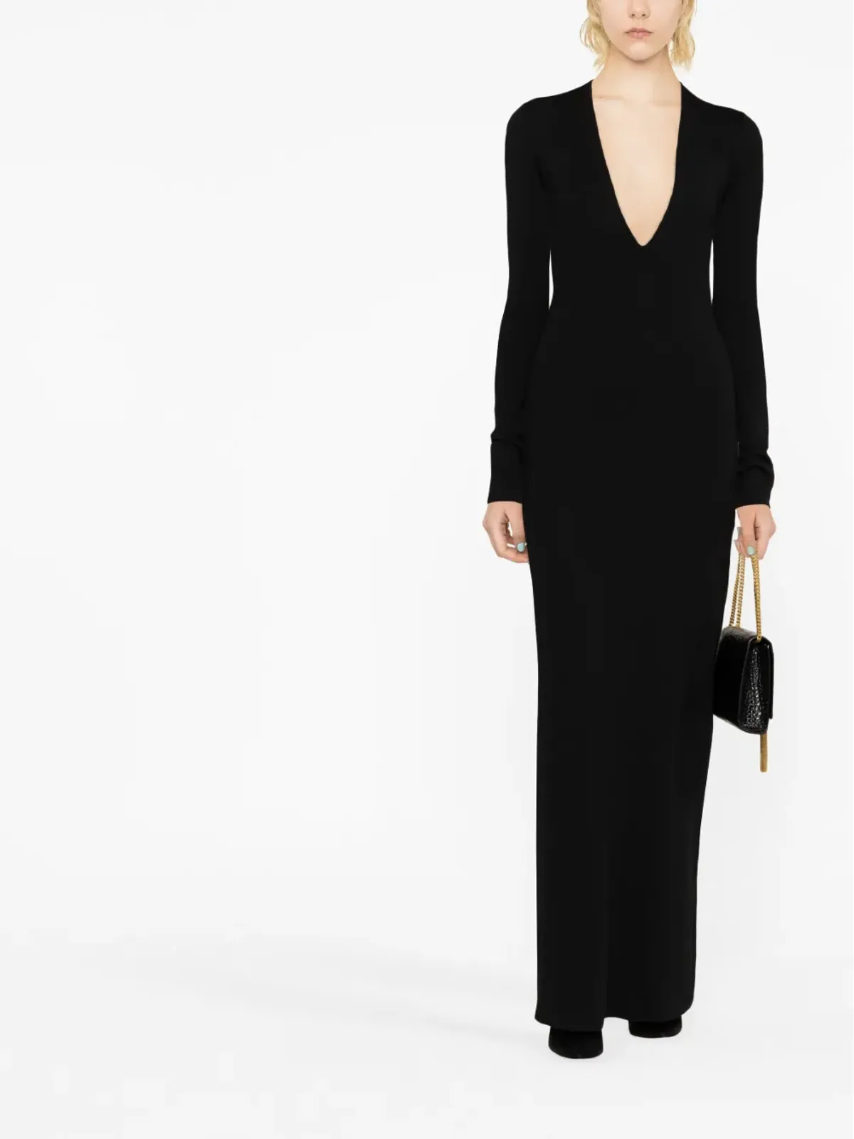 Saint Laurent プランジネック ウール マキシドレス ブラック - 画像2