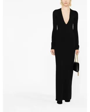 Saint Laurent プランジネック ウール マキシドレス ブラック - サムネイル2