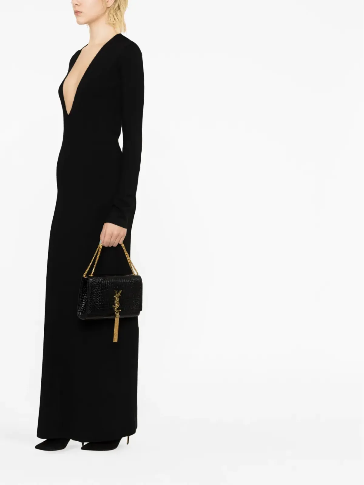 Saint Laurent プランジネック ウール マキシドレス ブラック - 画像3
