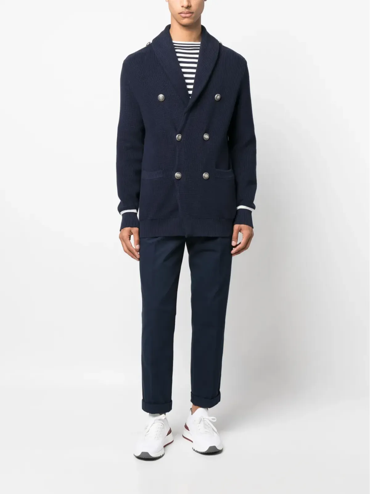 Brunello Cucinelli ネイビー コットン カーディガン（ダブルブレスト） - 画像2