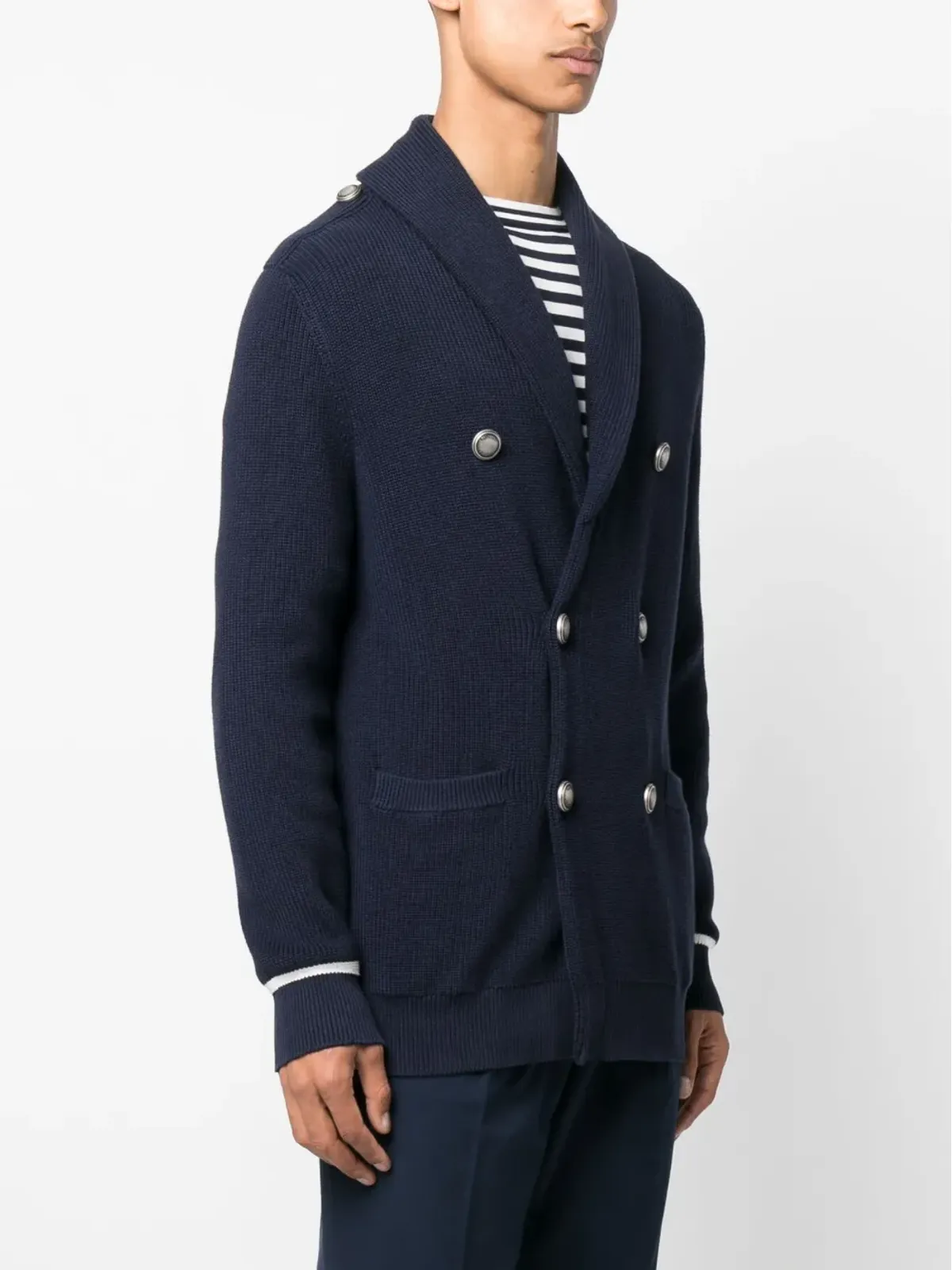 Brunello Cucinelli ネイビー コットン カーディガン（ダブルブレスト） - 画像3