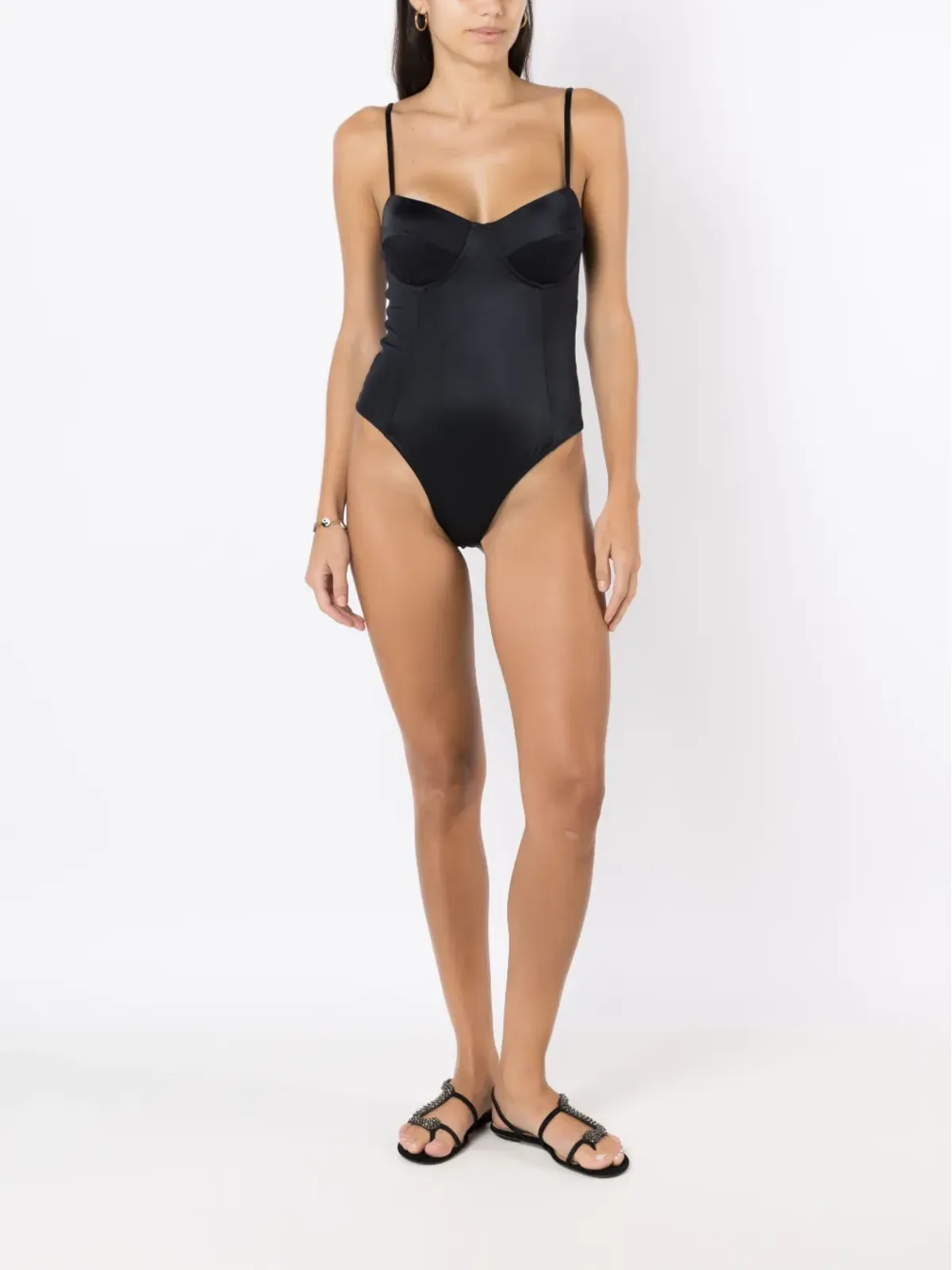 Brigitte スパゲッティストラップ ハイカット水着 ブラック - 画像2