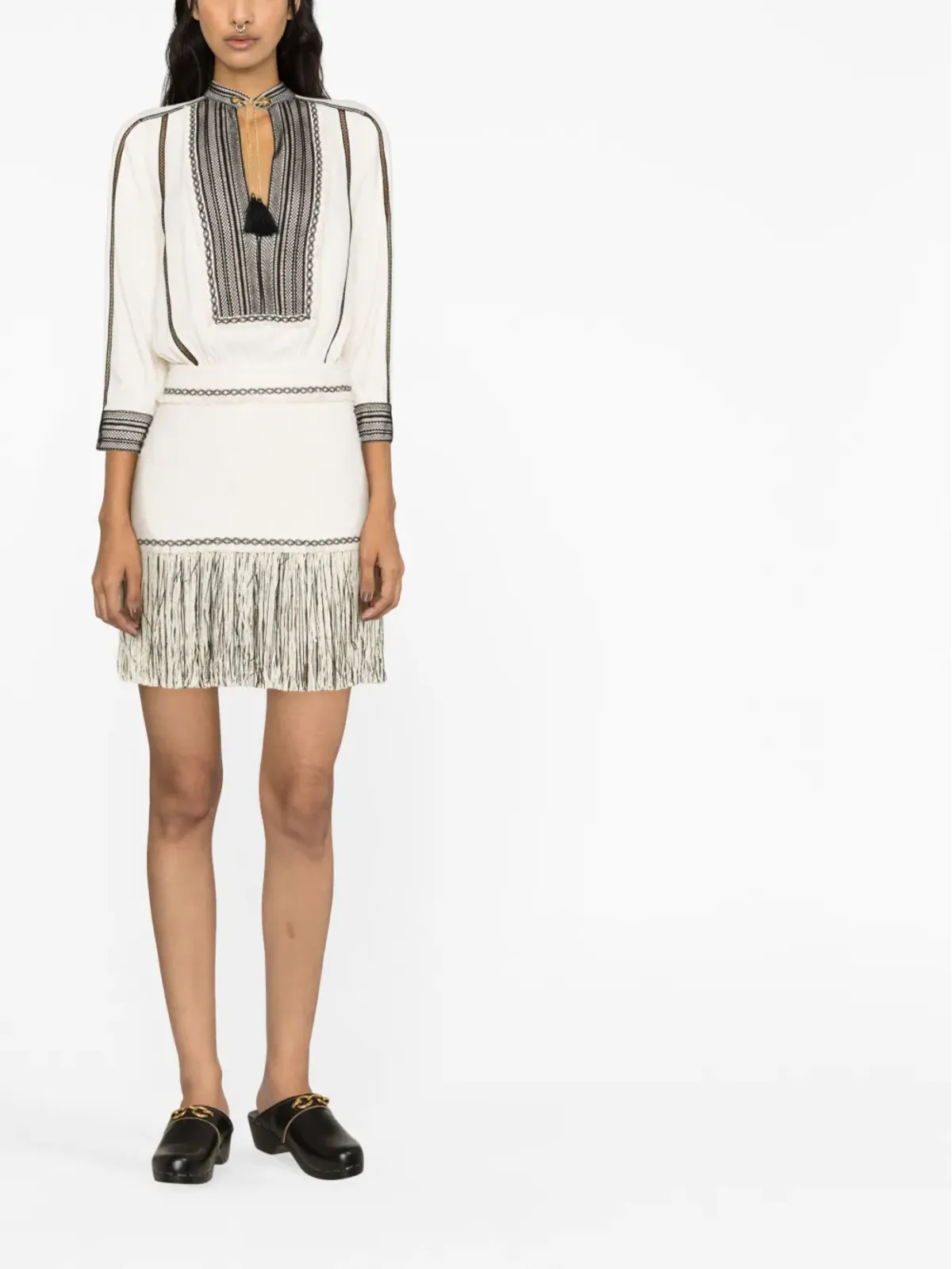 Elisabetta Franchi フリンジ付きジョーゼットとツイードのミニドレス - 画像2