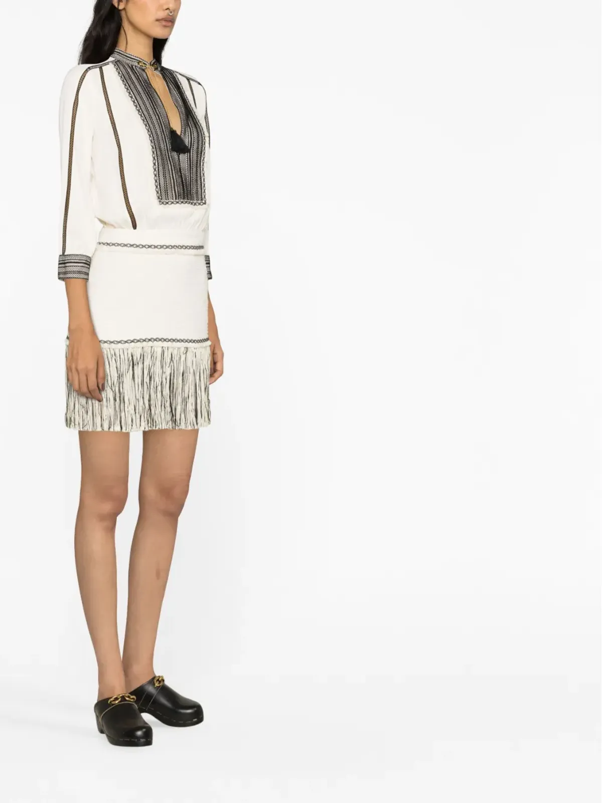 Elisabetta Franchi フリンジ付きジョーゼットとツイードのミニドレス - 画像4