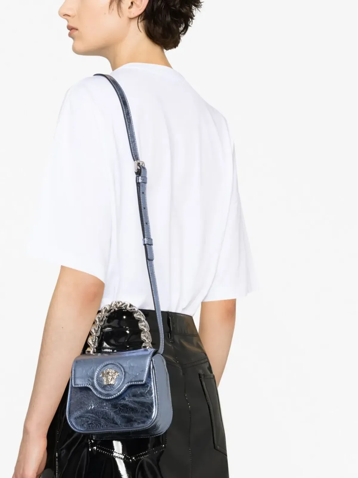 Versace ラ・メドゥーサ メタリックレザー ミニバッグ ブルー - 画像3