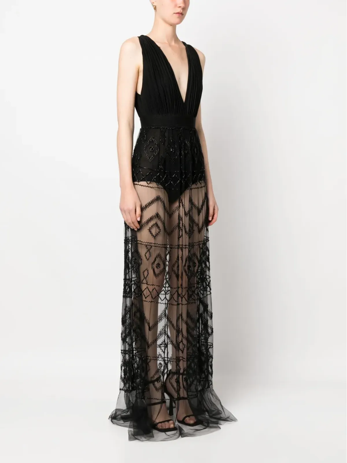 Elisabetta Franchi Vネック ビーズ付き マキシドレス - 画像3