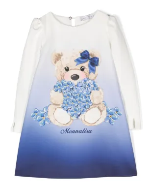 Monnalisa テディベア柄ストレッチコットンドレス - ブルー - サムネイル1