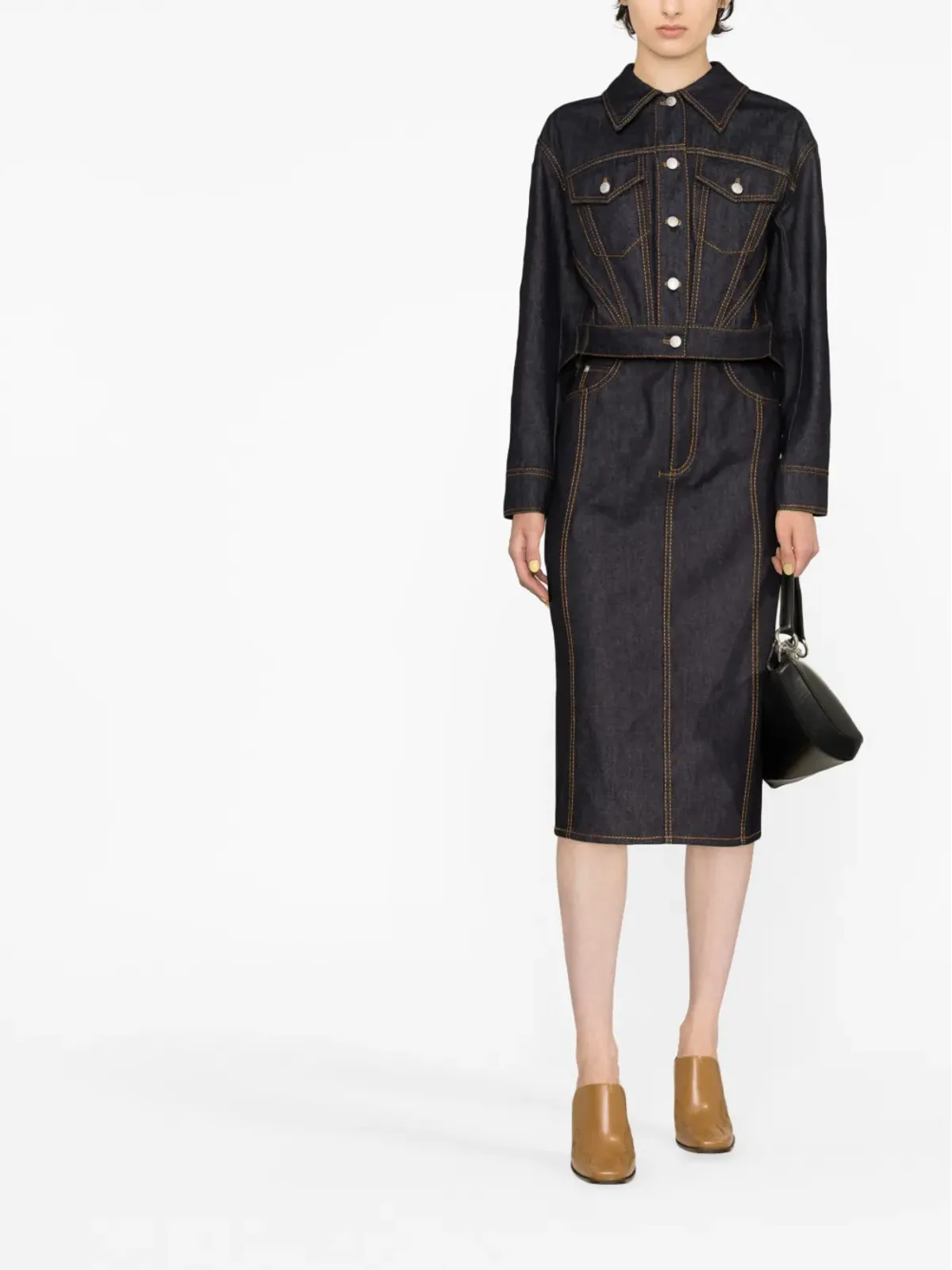 Alexander McQueen コントラストステッチ デニム ミディスカート - 画像2
