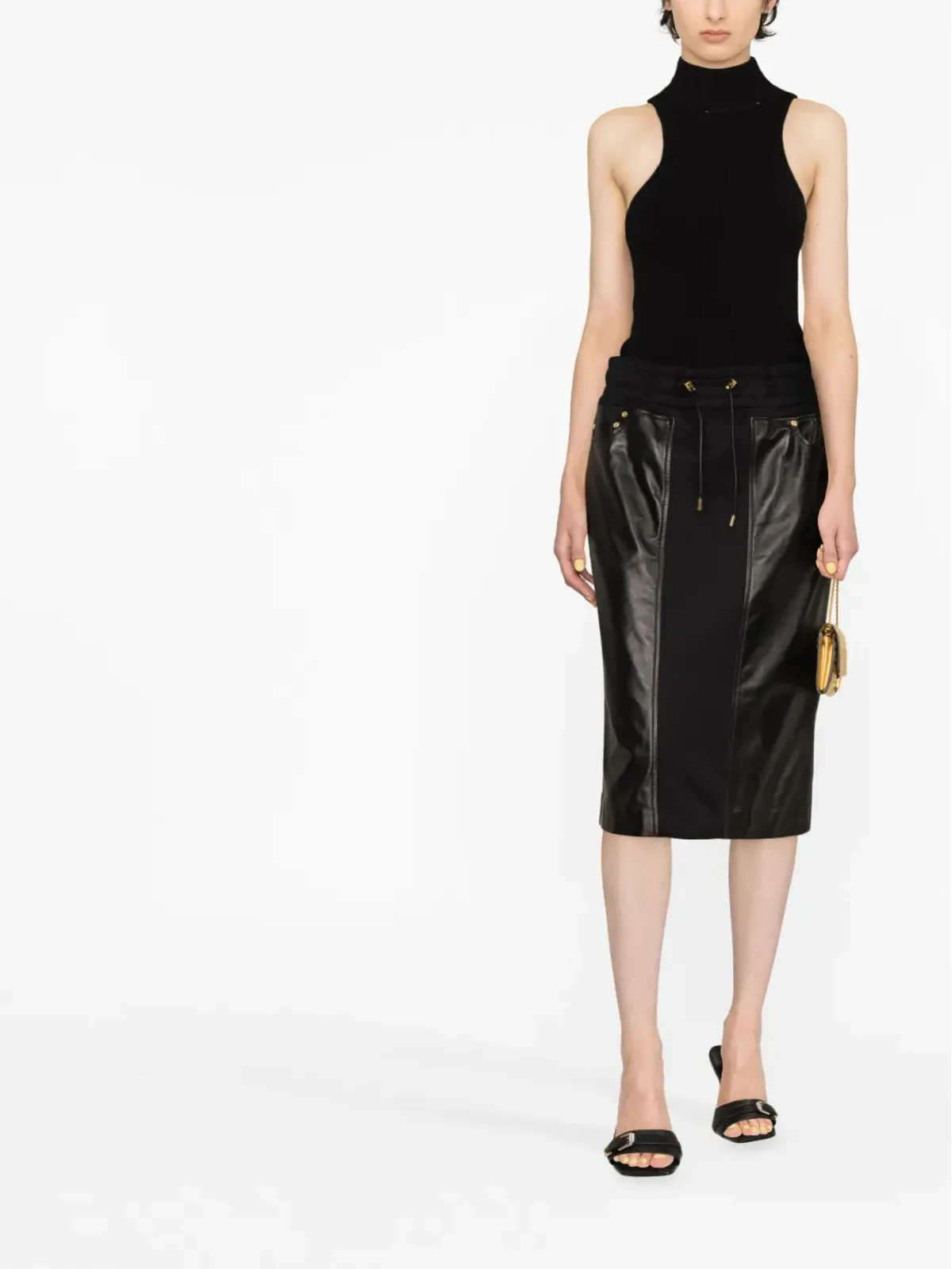 TOM FORD パネルドレザーとコットンブレンド ジャージー ミディスカート - ブラック - 画像2