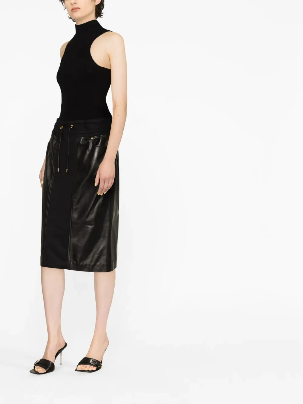 TOM FORD パネルドレザーとコットンブレンド ジャージー ミディスカート - ブラック - 画像3