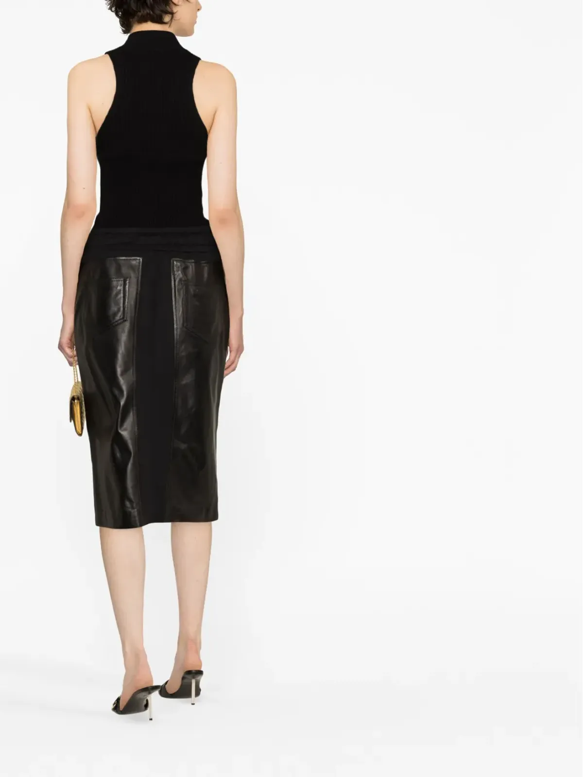 TOM FORD パネルドレザーとコットンブレンド ジャージー ミディスカート - ブラック - 画像4