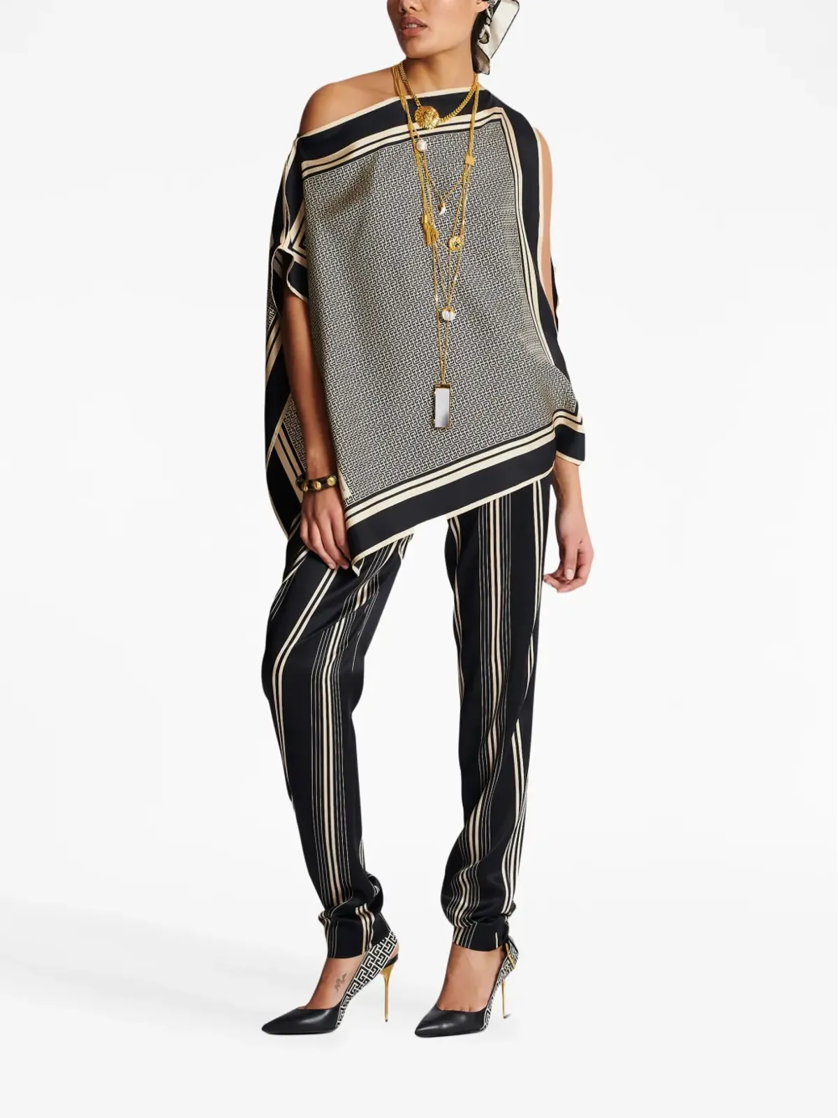 Balmain アシンメトリックモノグラム シルク トップ - 画像2