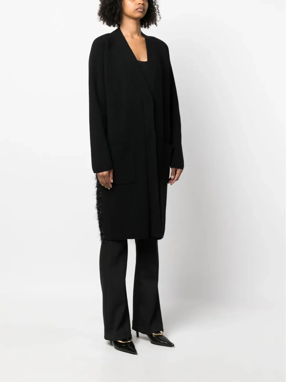 Fabiana Filippi ブークレディテール入り 編みニット・カーデコート ブラック - 画像3