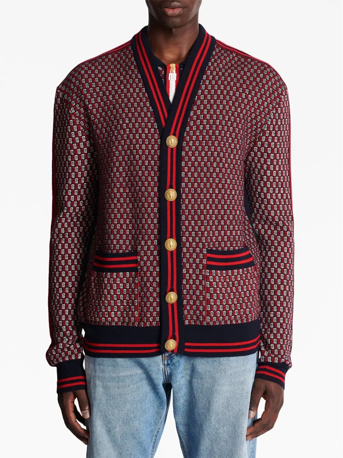 Balmain モノグラムプリント チェック柄ウールカーディガン - 画像5