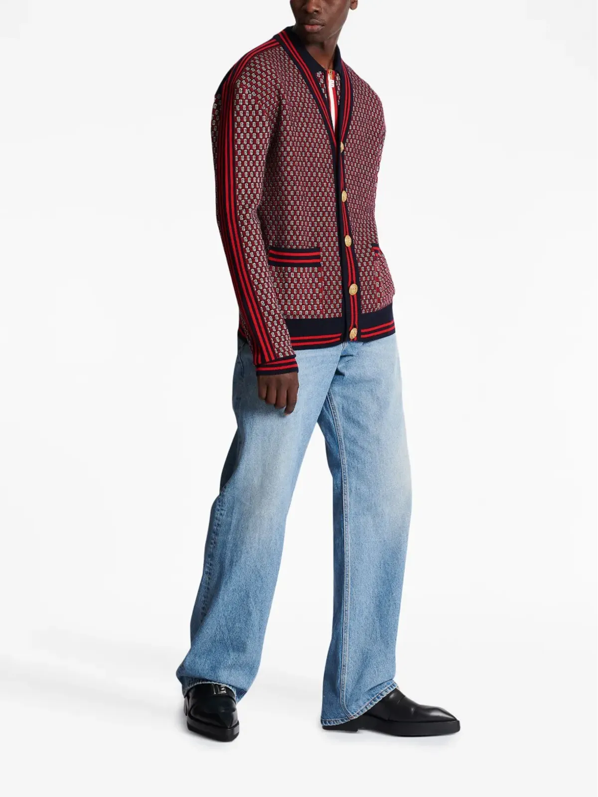 Balmain モノグラムプリント チェック柄ウールカーディガン - 画像3