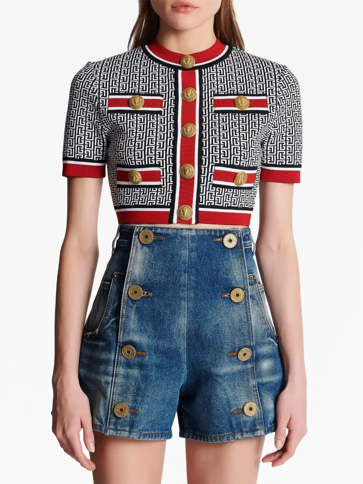 Balmain monogram-jacquard crop top - Blue - 画像5