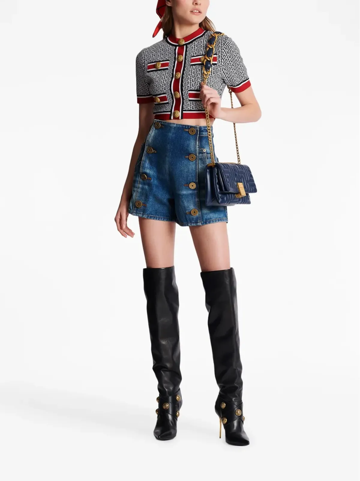 Balmain monogram-jacquard crop top - Blue - 画像2
