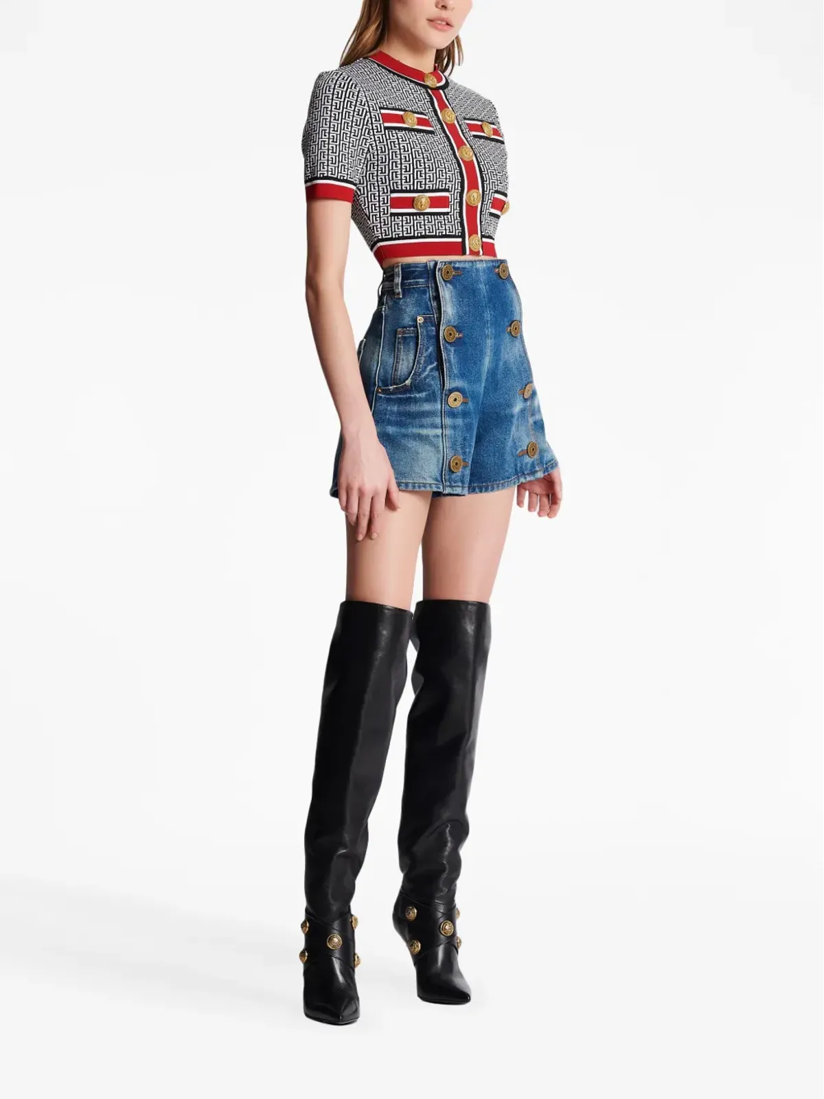 Balmain monogram-jacquard crop top - Blue - 画像3