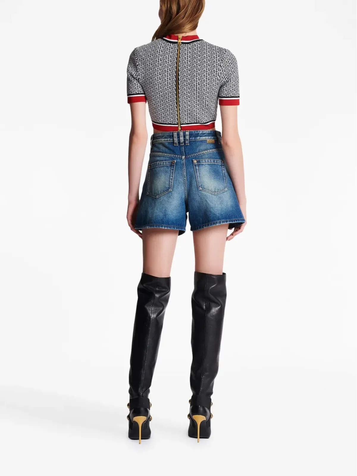 Balmain monogram-jacquard crop top - Blue - 画像4
