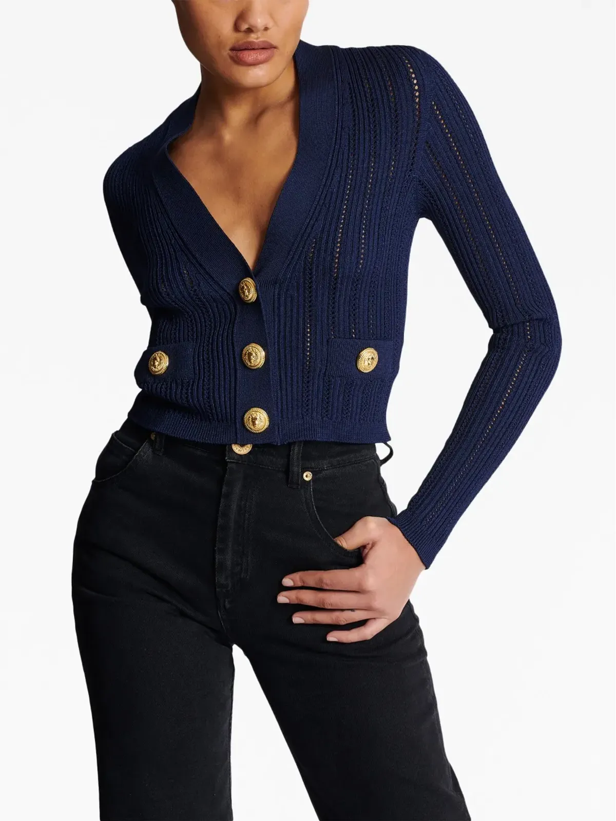 Balmain Vネック クロップドカーディガン ネイビーブルー - 画像5