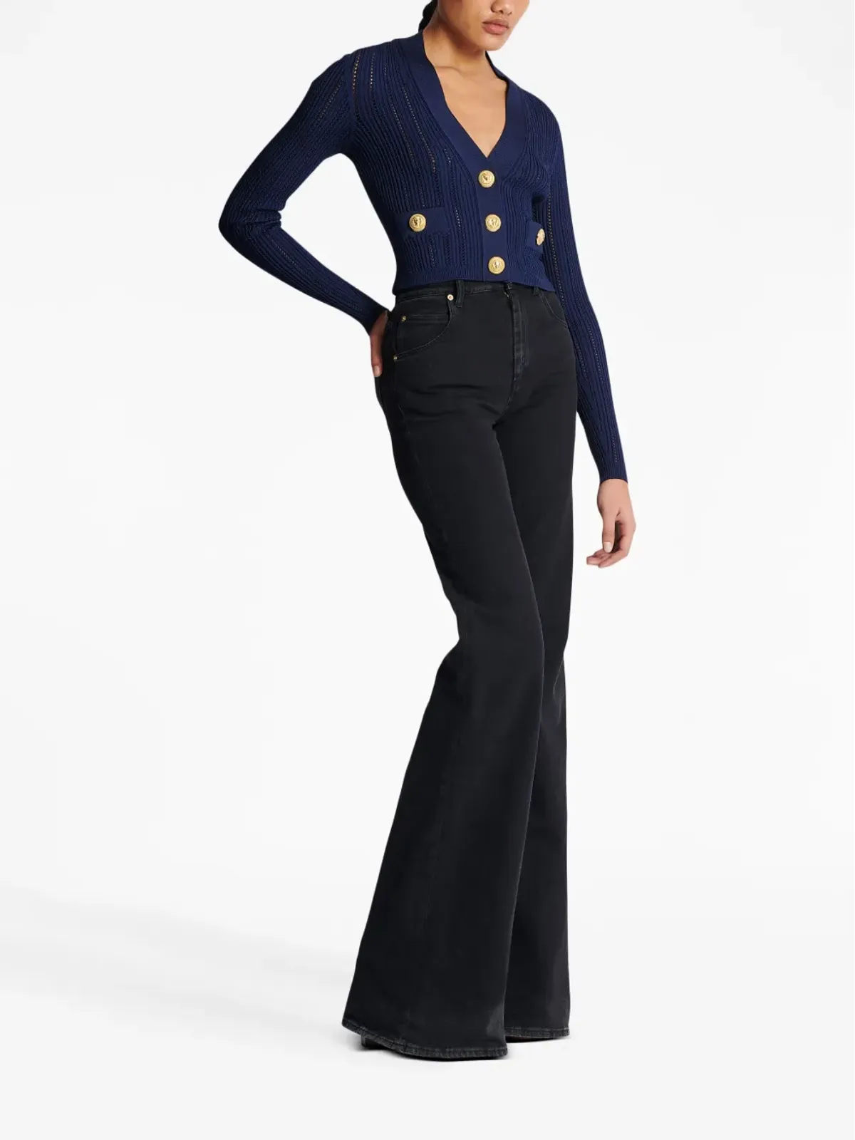 Balmain Vネック クロップドカーディガン ネイビーブルー - 画像2