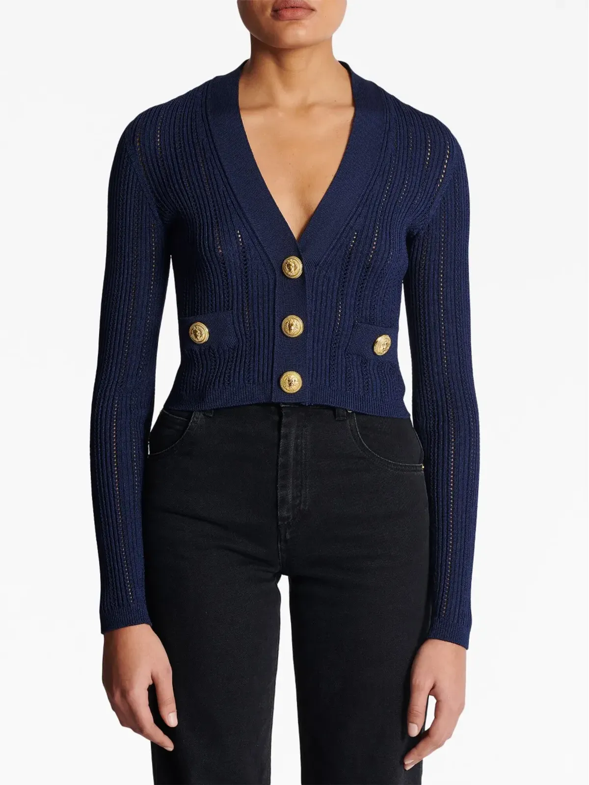 Balmain Vネック クロップドカーディガン ネイビーブルー - 画像4