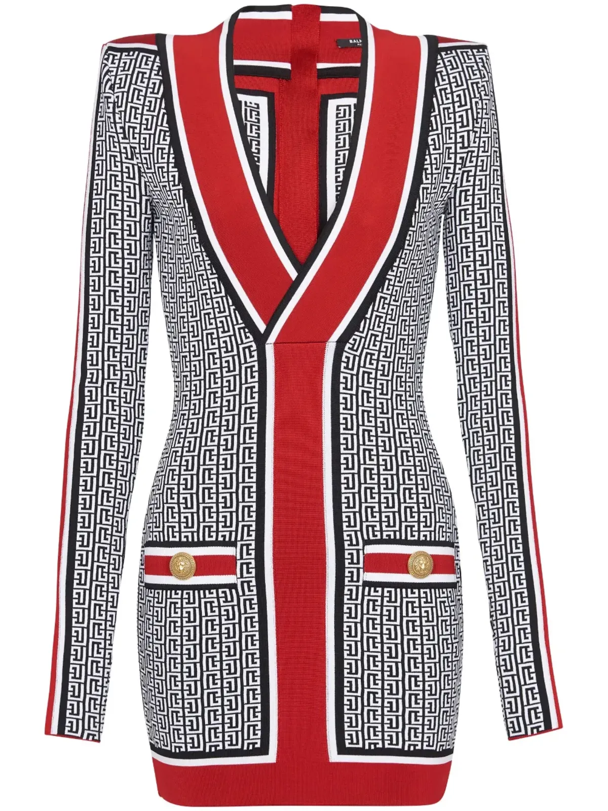 Balmain バルマン Vネック モノグラム編み ミニドレス（ブラック） - 画像1