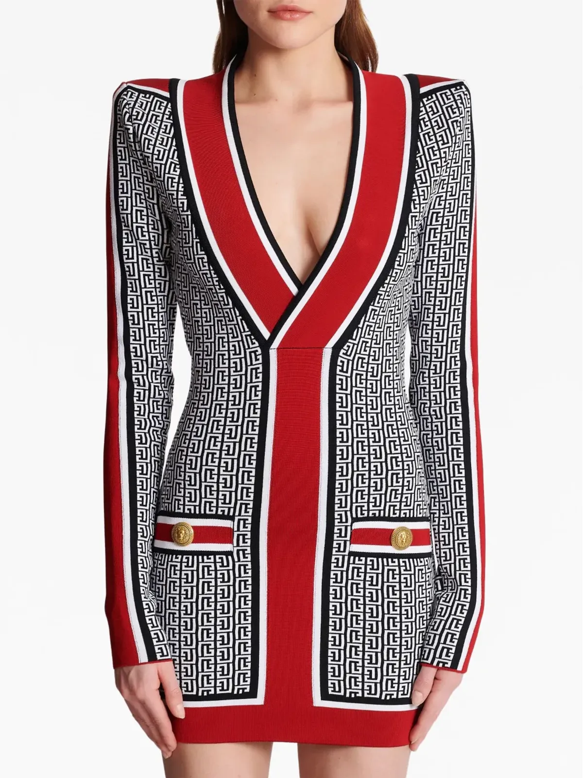 Balmain バルマン Vネック モノグラム編み ミニドレス（ブラック） - 画像4