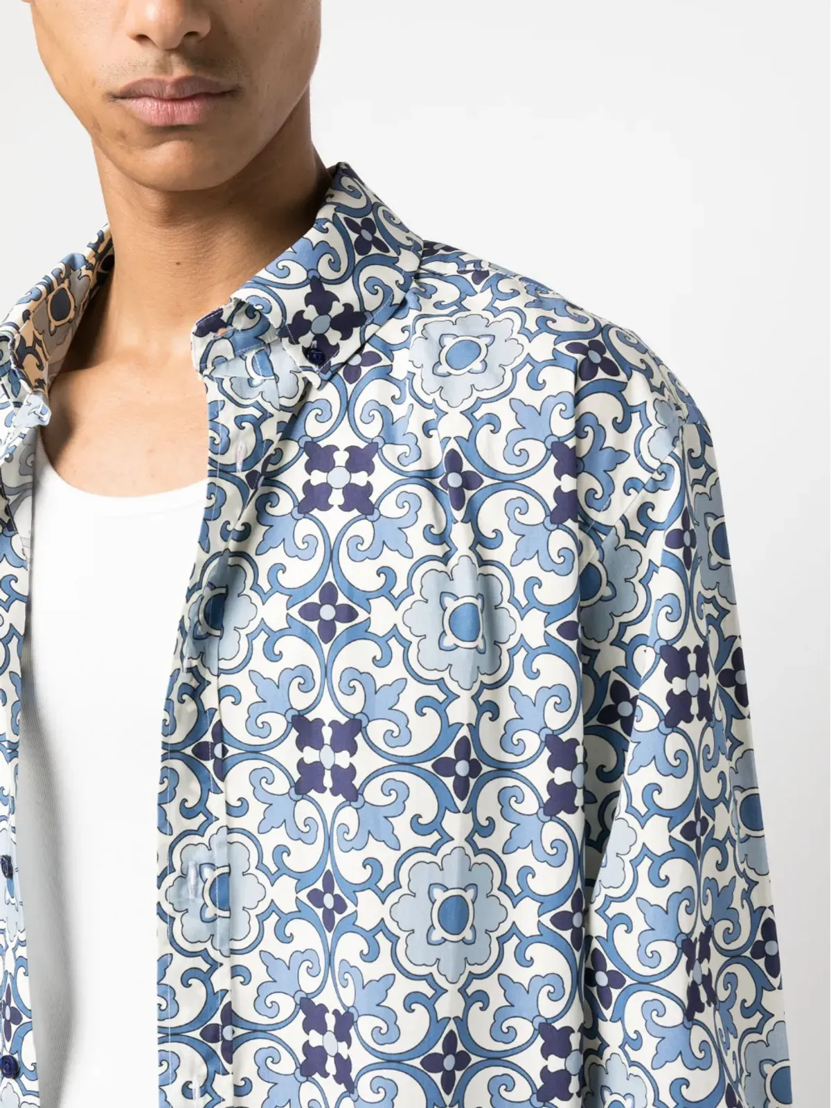 Drôle De Monsieur Faïence geometric-print cotton shirt - Blue - 画像5
