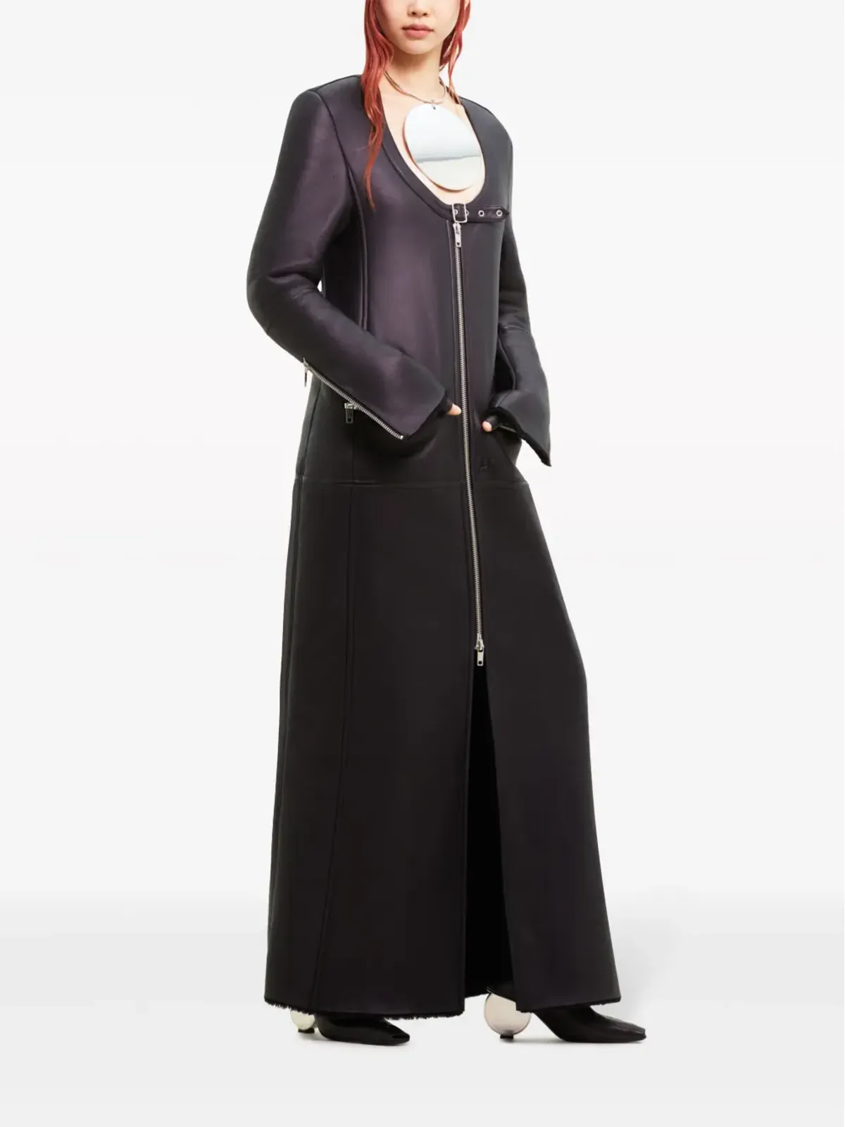 Courrèges スクープネック・パネルド レザーコート - ブラック - 画像2