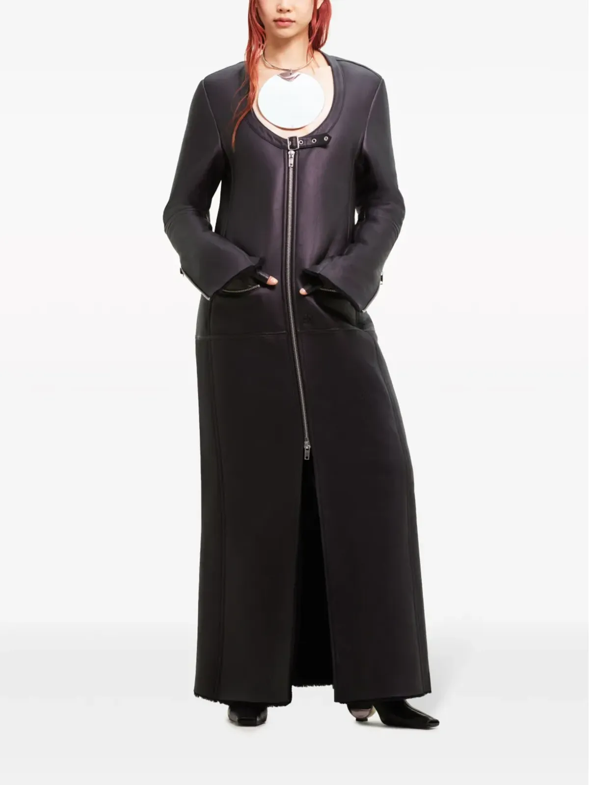 Courrèges スクープネック・パネルド レザーコート - ブラック - 画像3