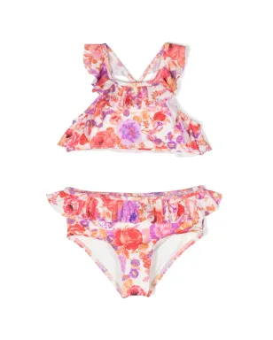 ZIMMERMANN Kids leaf-print ruffled bikini - Red - サムネイル1