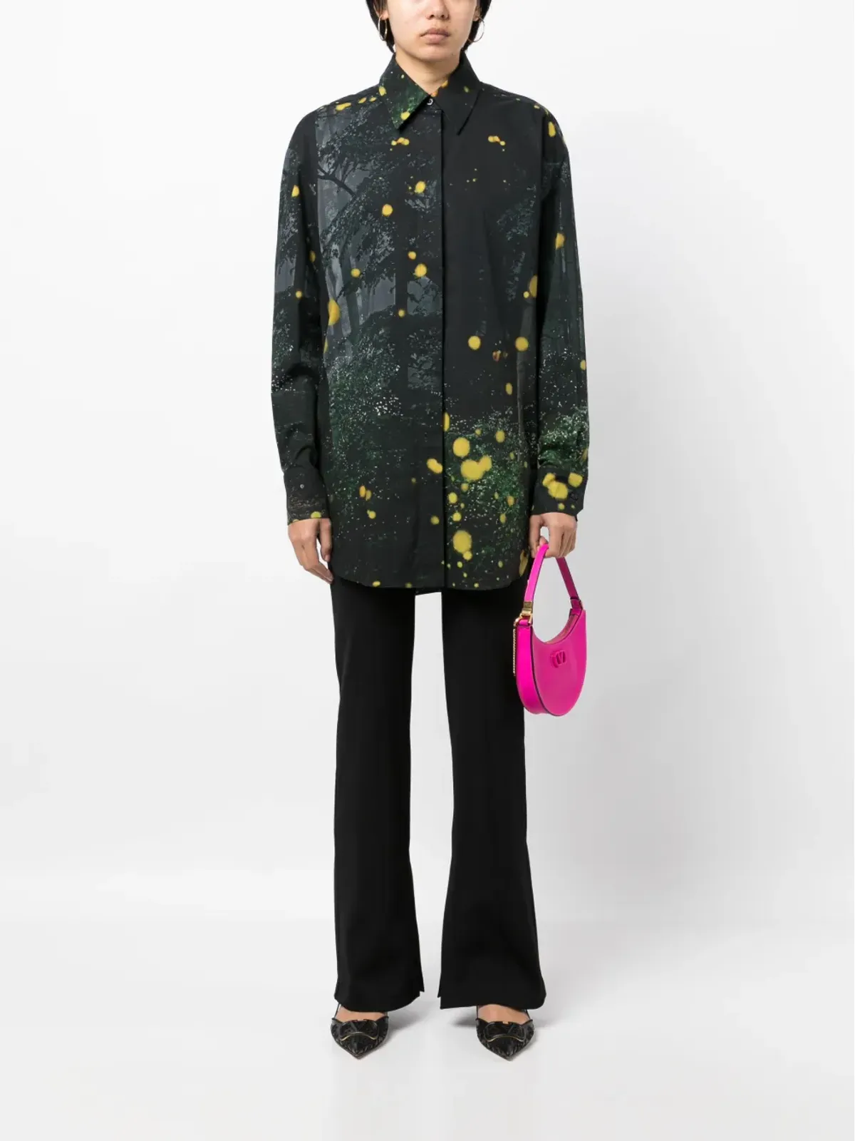 Oscar de la Renta ファイアフライプリント長袖シャツ - ブラック - 画像2