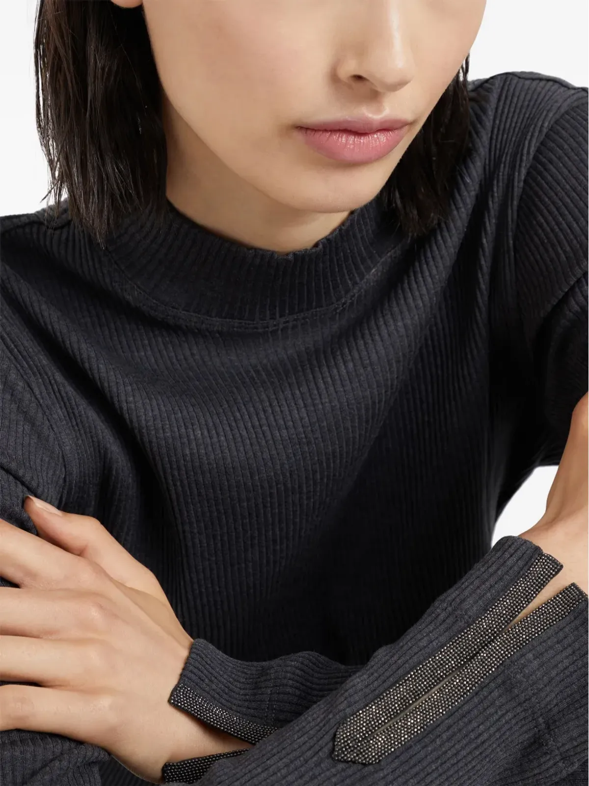 Brunello Cucinelli ロールネック・リブ編みジャージートップ（グレー） - 画像5